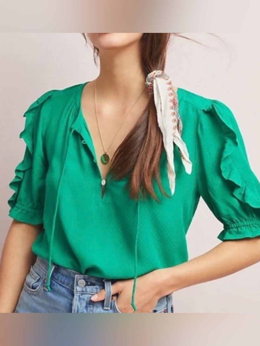 Maeve by Anthropologie Hina Puff Sleeve Preppy Casual Green Ruffle Blouse Sz 8